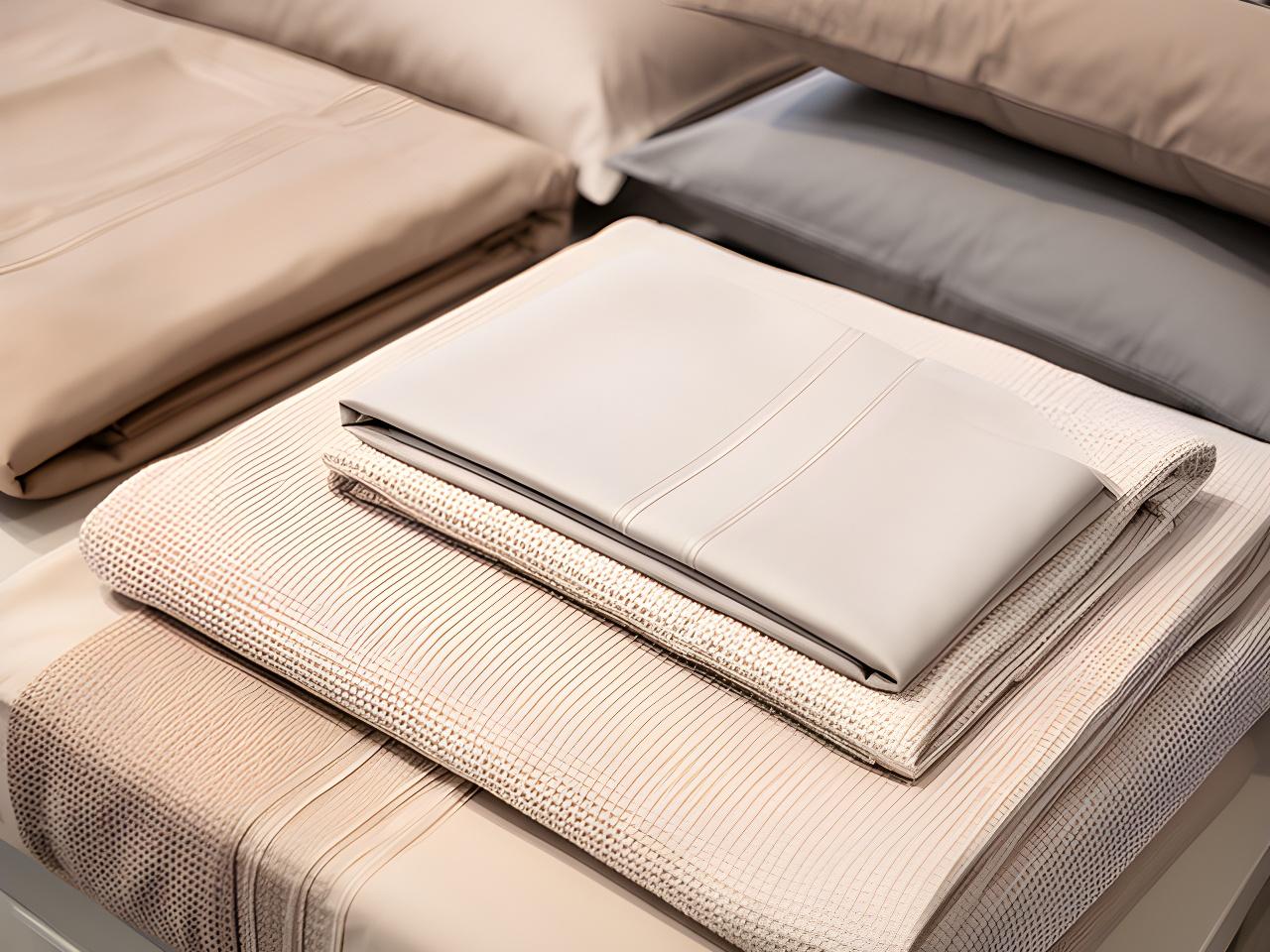 Neatly folded bedding sets in soft neutral shades with textured sheets and pillows on display
