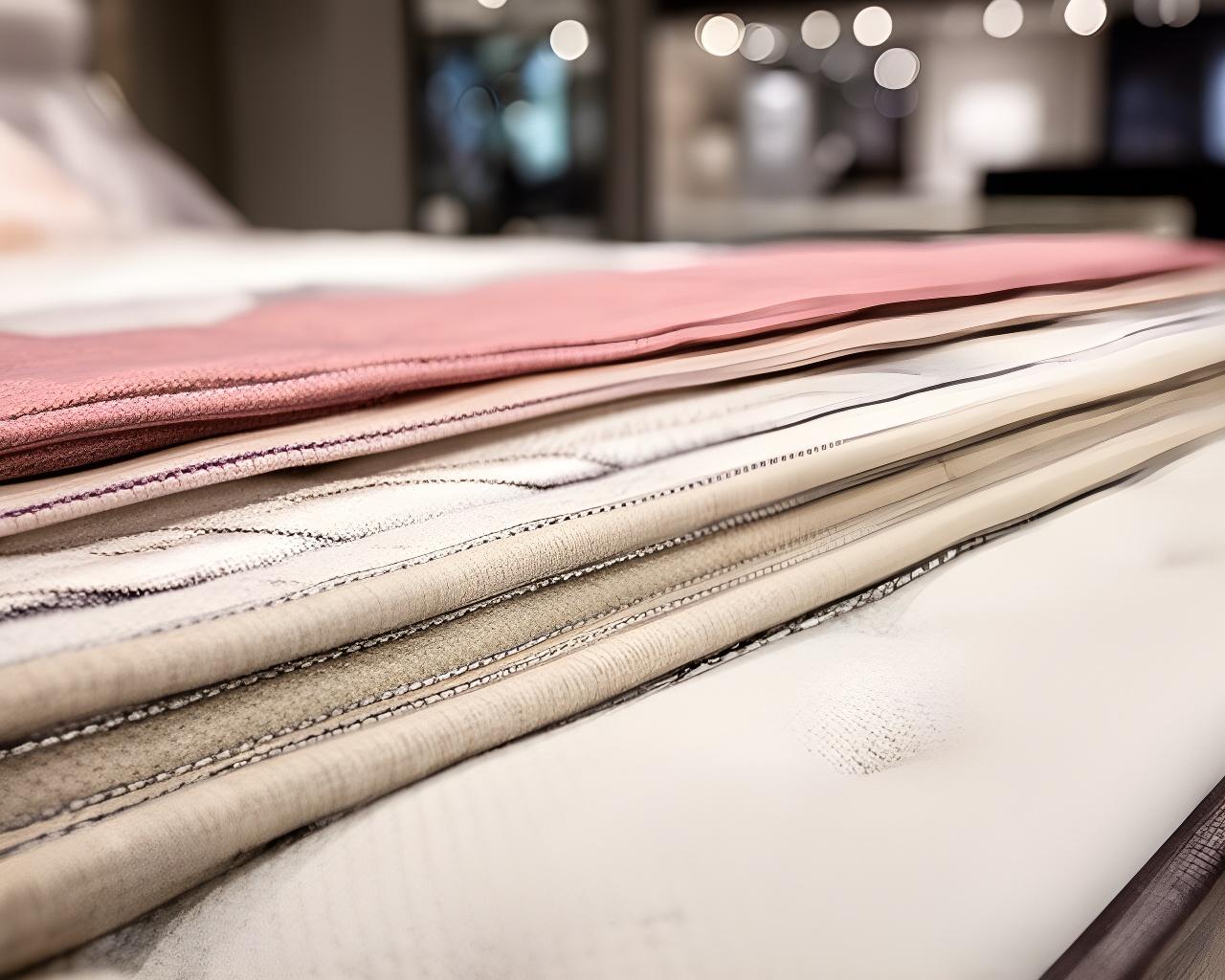 Close view of folded bedding fabric, stitched seams, and a mattress edge in a showroom setting