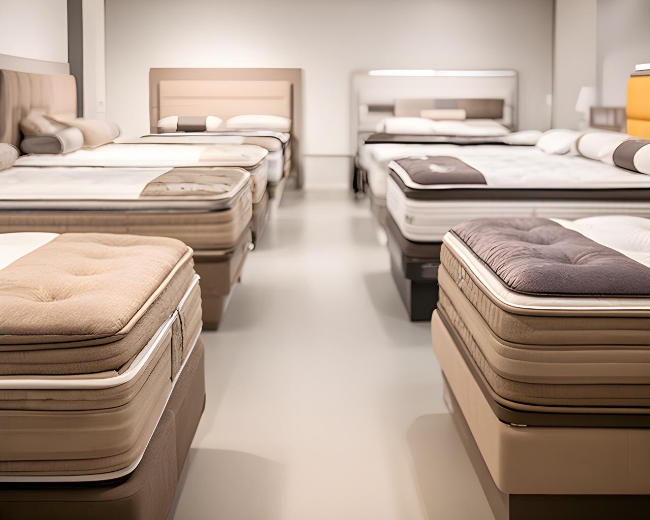 Mattresses lined up in a clean showroom aisle with fabric textures and price labels