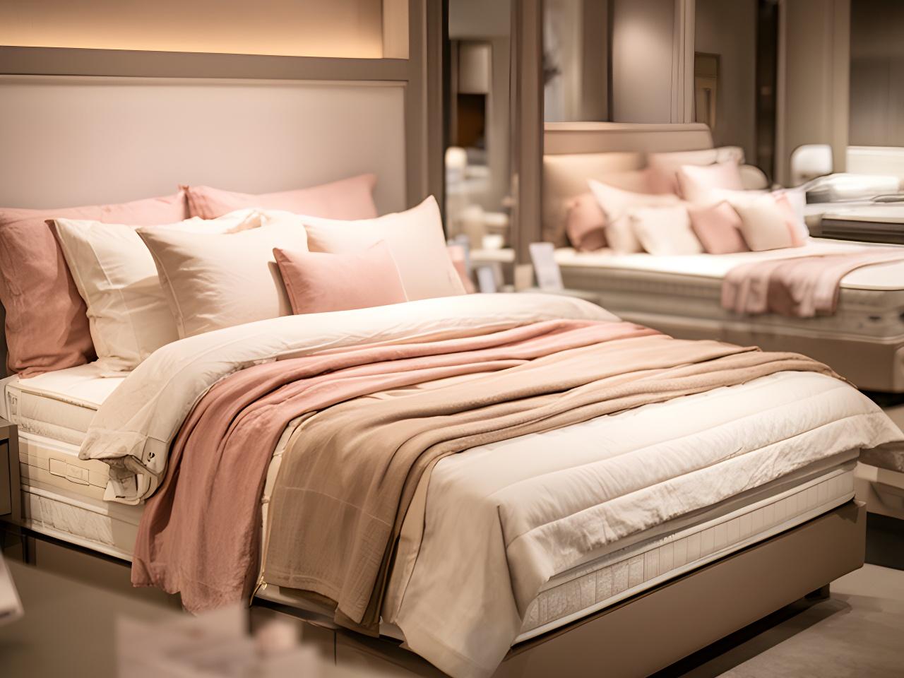 Made beds and layered bedding displayed in a calm showroom with warm light and soft textures