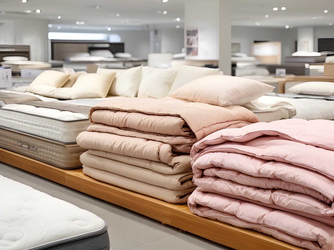 Retail bedding display with neatly stacked duvets, pillows and mattress samples inside a Dungannon showroom