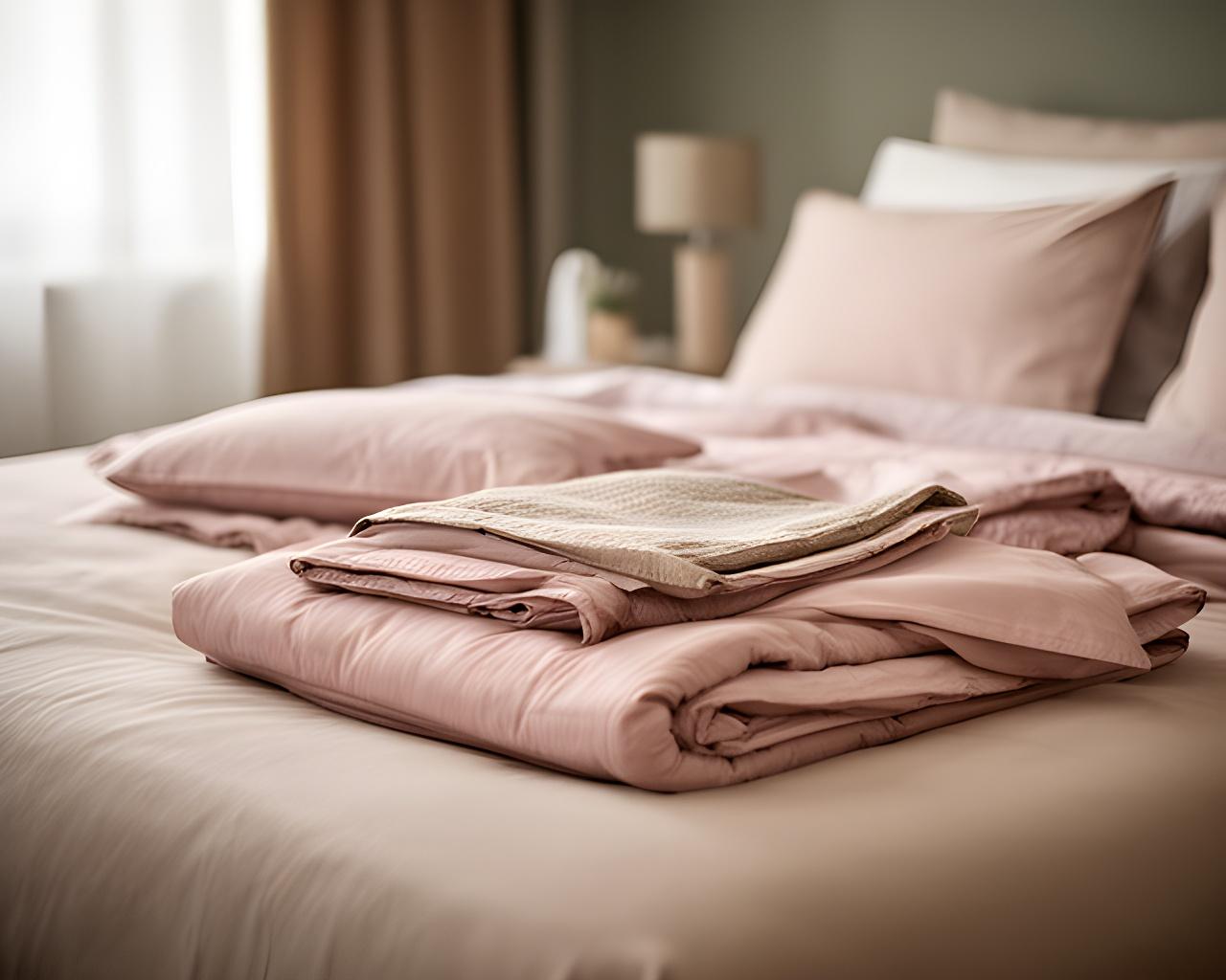 Neatly made bed in a softly lit bedroom with folded bedding and a calm retail display