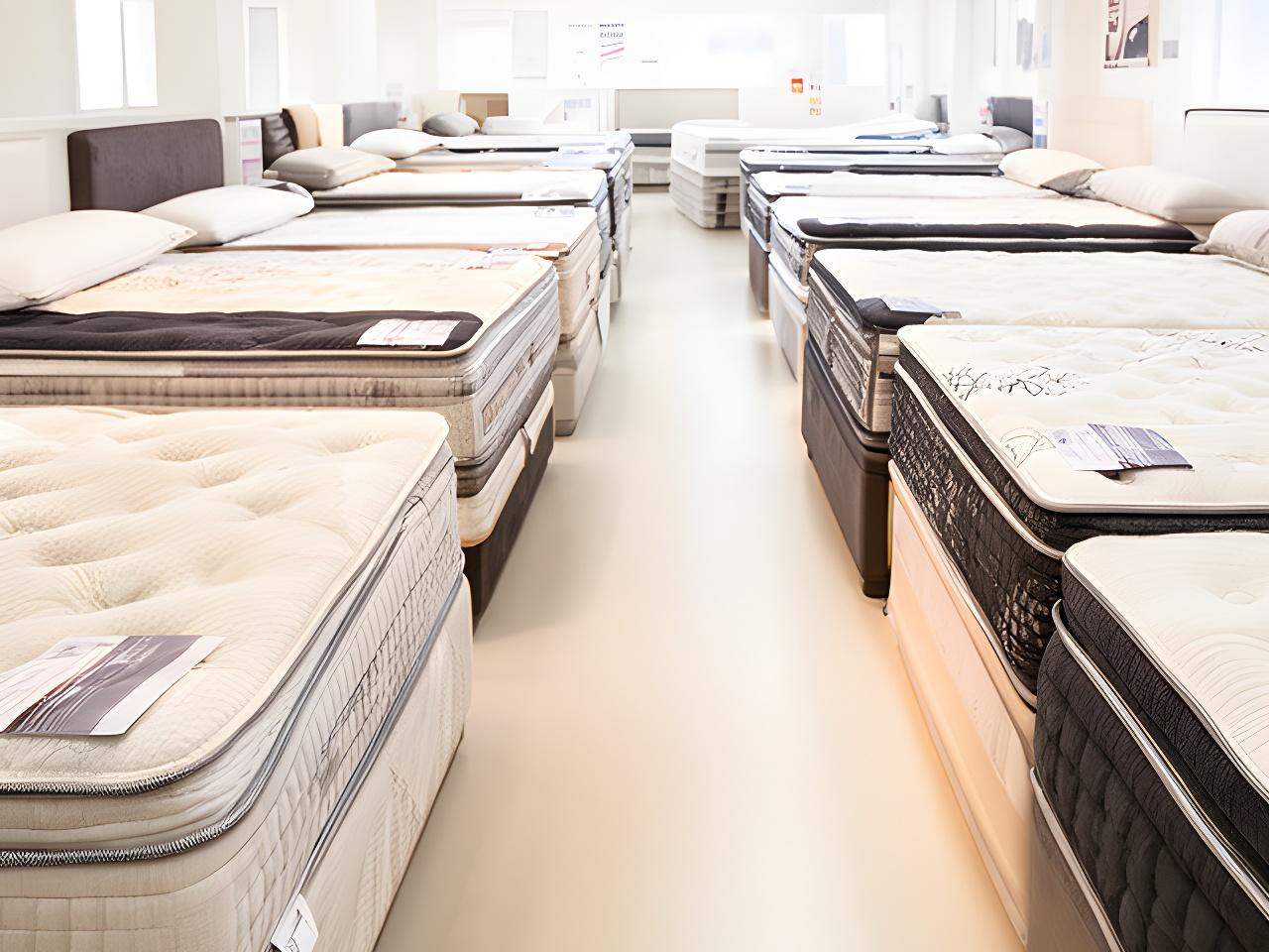 Rows of mattresses with stitched covers and sample labels arranged in a bright showroom aisle
