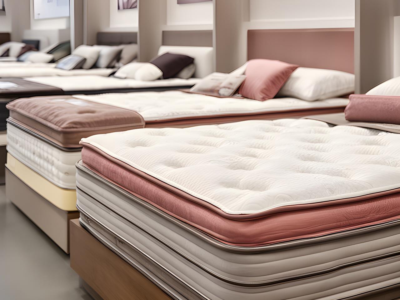 Neatly arranged mattress display with comfort layers and labels in a bedding showroom