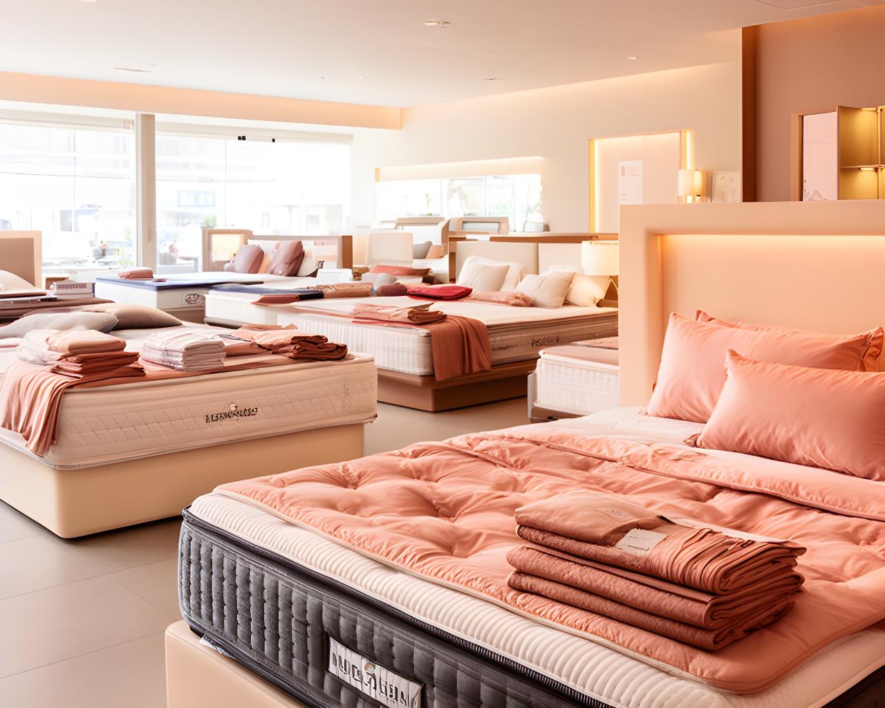 Bright bedding showroom interior in Dungannon with displayed mattresses, folded sheets and a warm test area