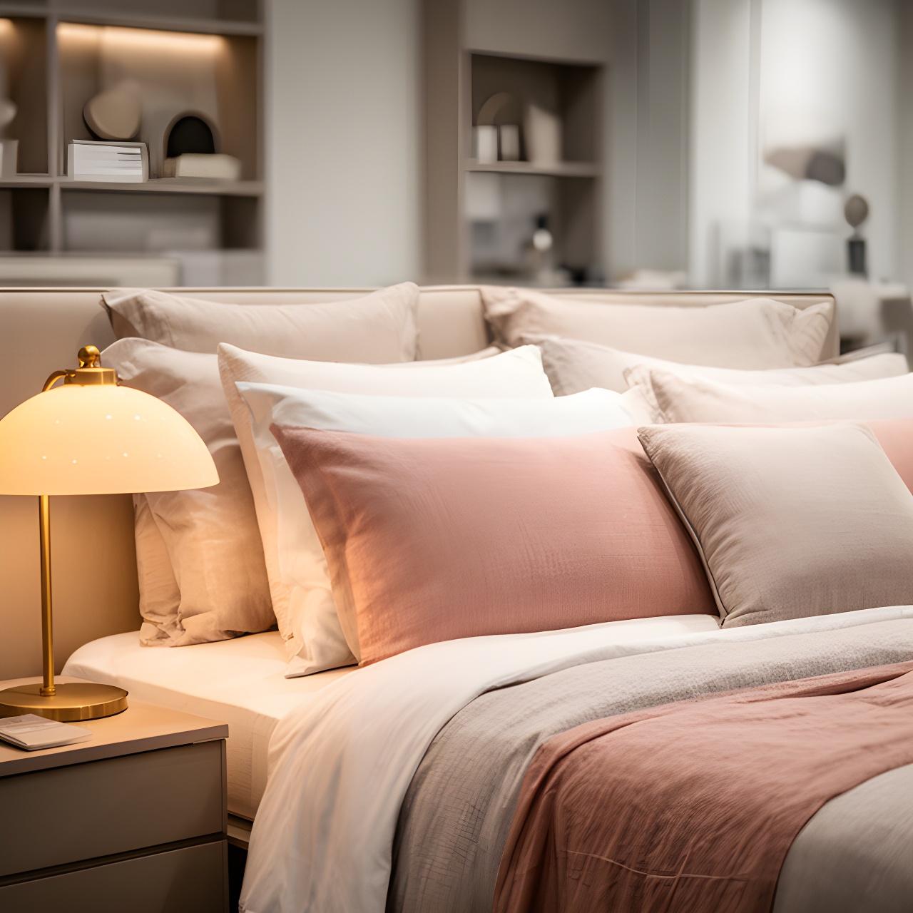 A neatly made bed in a calm showroom with layered pillows and a warm bedside lamp
