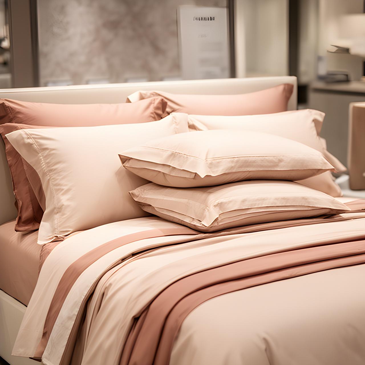Neatly made bed with layered sheets, duvets and pillows in a softly lit showroom