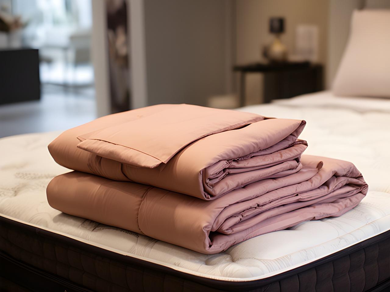 Neatly folded bedding beside a mattress in a calm showroom with soft natural light