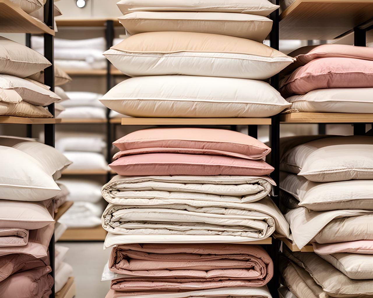 Stacked pillows and folded duvets arranged on shelves in a bedding showroom