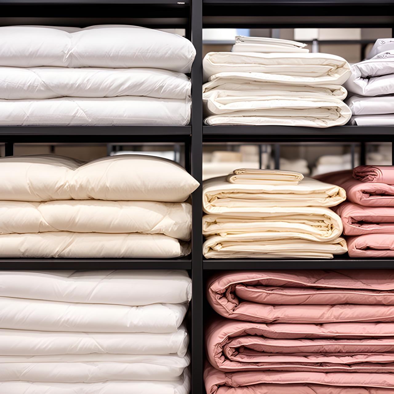 Folded duvets, pillowcases, and sheet stacks arranged on shelving in a bedding shop