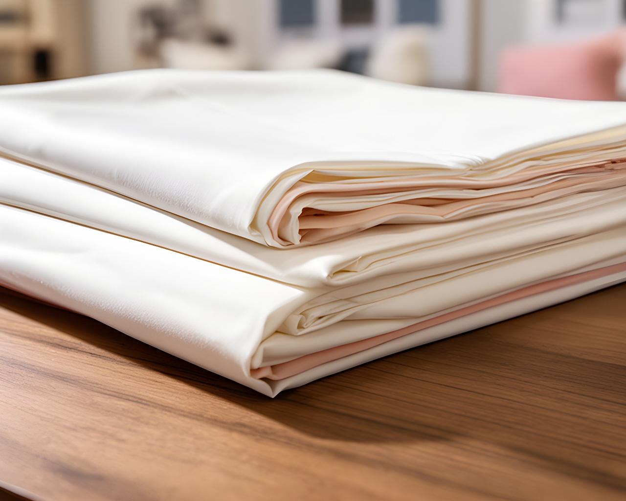 Close-up of folded cotton sheets and pillowcases on a wooden display table